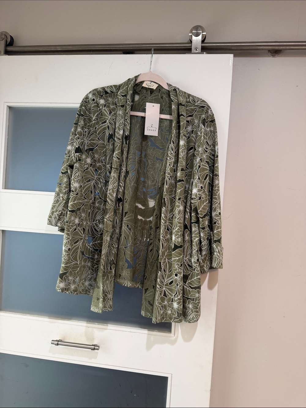 Lightweight Olive Green Floral Draped Blazer - Relaxed Open Front